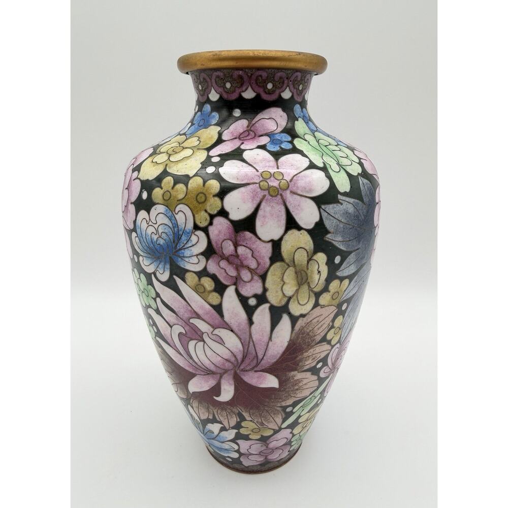 Chinese Cloisonné Black Ground Floral Enamel Vase 8” Vintage Asian Decor